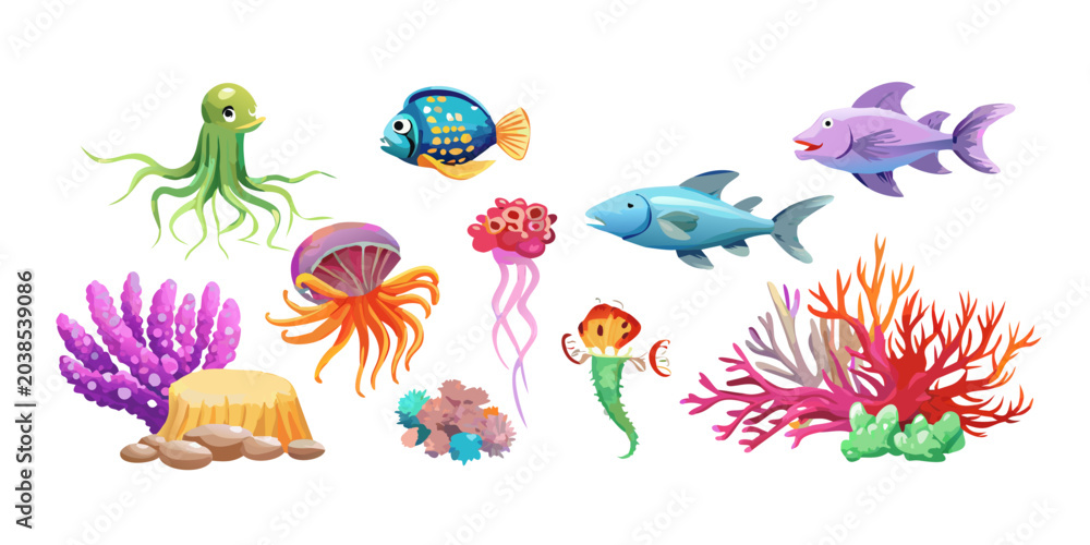 Fototapeta premium Underwater sea creatures and coral reef design elements set, vector