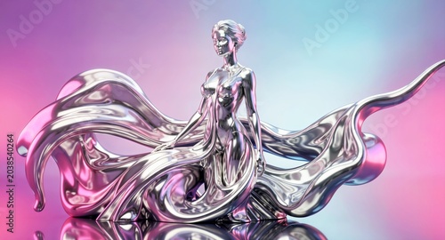 Dynamic silver metal female statue with flowing metallic fabric for luxury display.

