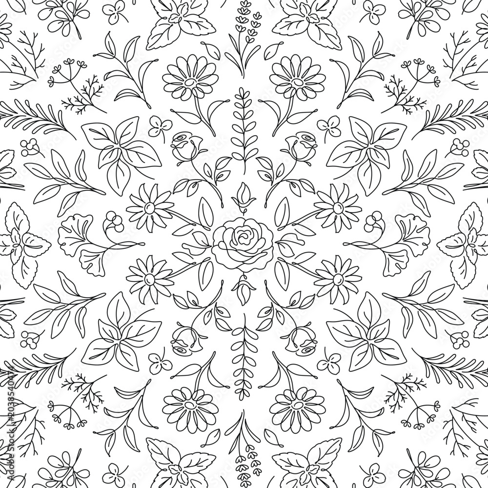 Fototapeta premium Botanical Floral Herbal Line Art Seamless Pattern