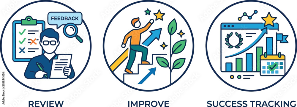 Fototapeta premium Professional productivity icons represent feedback review and success.