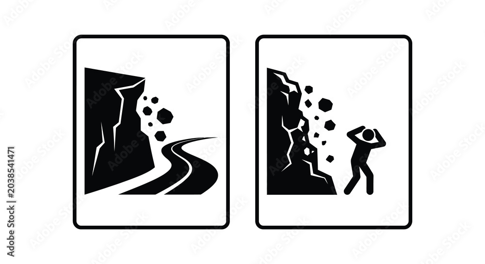 Fototapeta premium roadside rockfall warning signs silhouette black white danger unsafe area cliff rocks falling pathway travel safety