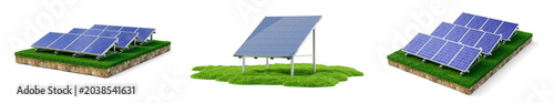 фотографія Collection of 3D rendered solar panel arrays on green grass patches, representing renewable energy
