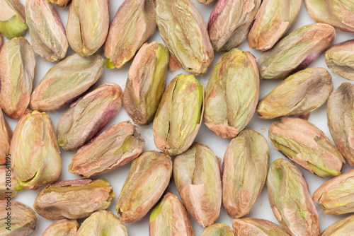 Top view of roasted shelled pistachio kernels