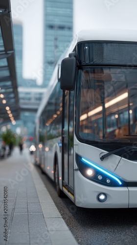 Modern city bus with sleek design and illuminated headlights parked on urban street, tall buildings and blurred pedestrians in the background
