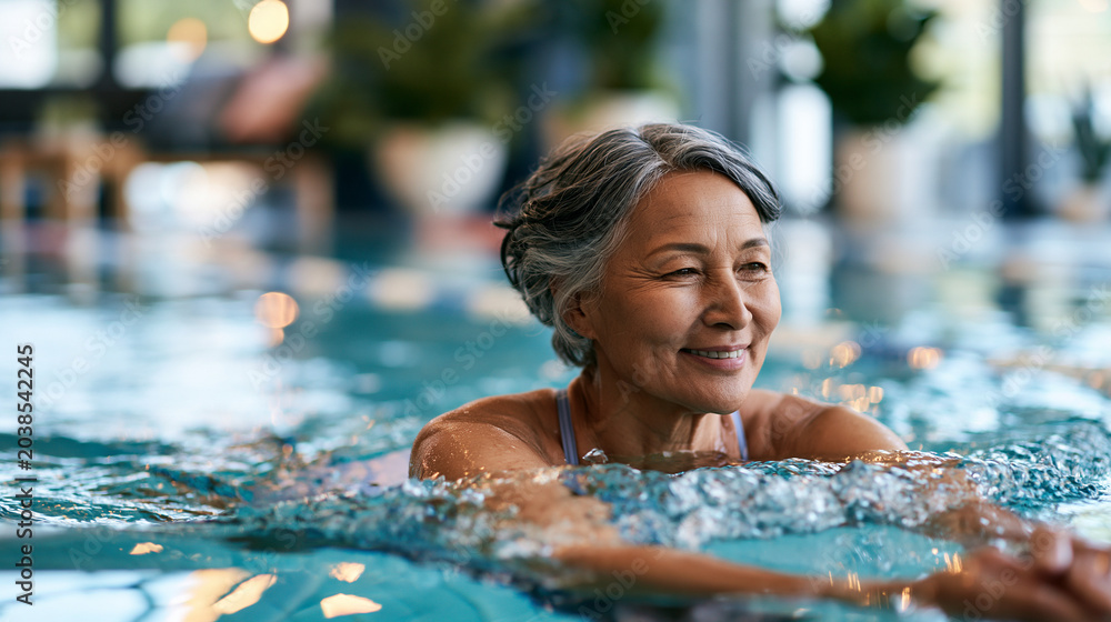 Obraz premium A confident Japanese senior woman swims softly in a bright sunny pool during a calm exercise session in soft daylight pool swim open face bright pool daylight workspace