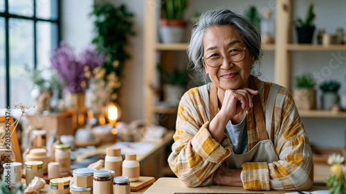 An Asian senior female entrepreneur works confidently in her bright small business studio with calm handmade products in soft daylight small business open face bright studio