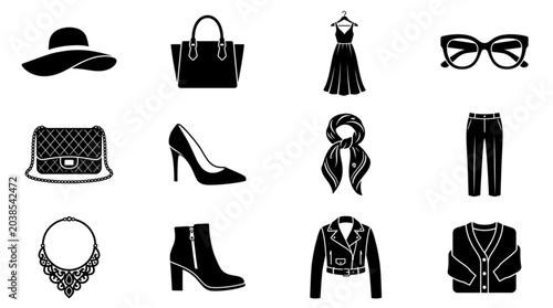 Fotografie Fashion Accessories and Clothing Icons Set.