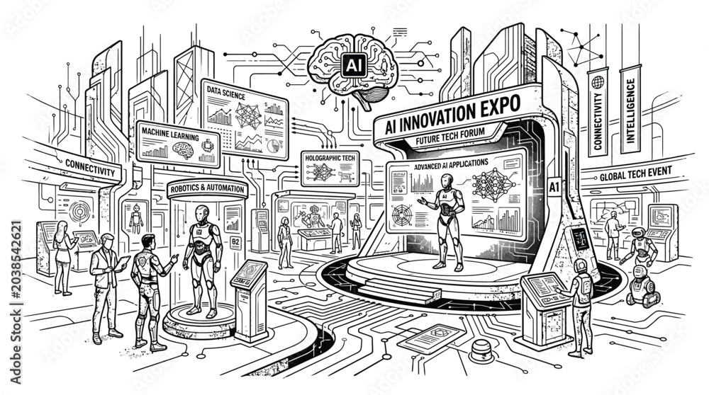 Obraz premium Artificial intelligence innovation expo featuring futuristic robots and data science technology in a detailed line art