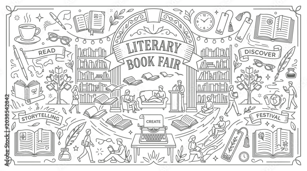 Obraz premium Literary book fair illustration featuring people reading and writing in a library setting with outline style