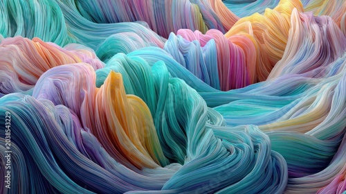 Vibrant flowing threads create an abstract three dimensional landscape of soft pastel colors