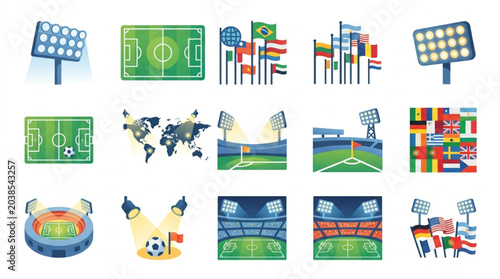Collection of Soccer Stadiums and Flags and Spotlights.