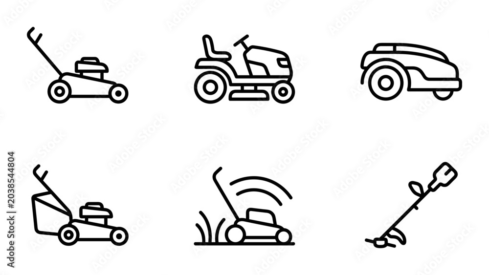 Fototapeta premium Lawn Mower Icons Set: Garden Equipment Vector Graphics, Yard Maintenance Tools, Outdoor Machinery Collection