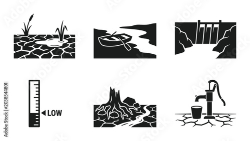 Foto Drought Icons Set, Water Scarcity Vector Graphics, Arid Landscape Illustrations