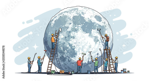 Bild auf Leinwand Workers Painting and Maintaining the Moon Surface Surreal Illustration
