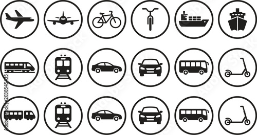 Transportation modes in black and white circle icons flat design style
