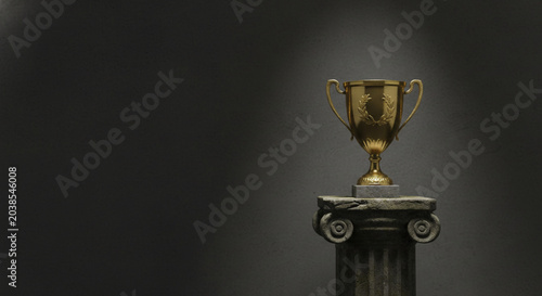 Golden Trophy Award on Ancient Stone Pedestal with Spotlight Illumination Against Dark Textured Background Symbolizing Victory and Achievement