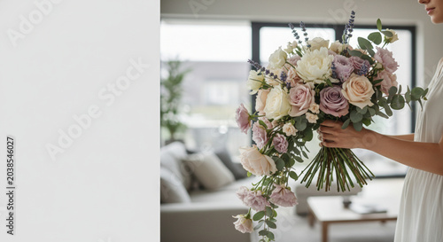 Elegant Pastel Floral Arrangement with Roses Peonies and Lavender Held by Woman in White Dress Indoors