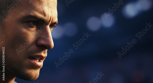 Close up profile of a determined male athlete sweating intensely during a strenuous sports competition under dramatic lighting