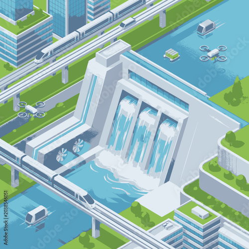 Quadro em tela Futuristic city with renewable energy dam, high-speed trains, and autonomous vehicles