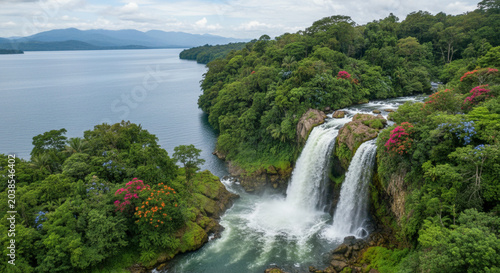 Lush Tropical Rainforest Waterfall Cascading into a Serene Blue Lake Surrounded by Vibrant Blooming Flowers and Dense Green Foliage