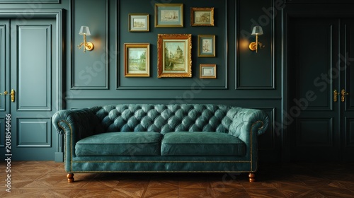 Ornate traditional sitting room features a deep jewel-toned sofa against paneled walls