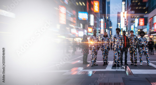 Diverse group of models wearing futuristic patterned outfits walking across a busy city street at night with blurred neon lights