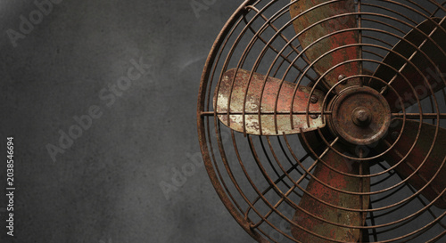 Close-up of a rusty old fan with weathered blades and a textured dark background, vintage industrial object detail