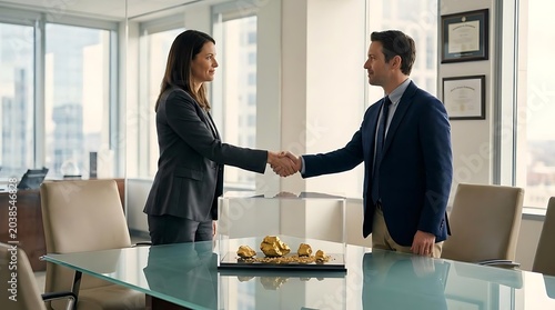 Business professionals shaking hands over gold nuggets on conference table