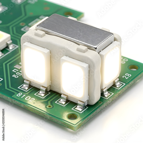 Close-up of bright surface mount device (SMD) LEDs illuminating a green printed circuit board, highlighting modern electronic component technology and efficient light sources in action