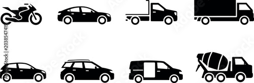 Obraz na płótnie Transportation vehicle vector icon set featuring black solid silhouettes of car