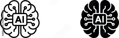 Foto Artificial intelligence human brain microchip vector icon set with outline and b