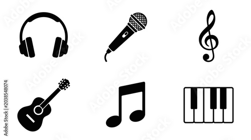 Music icons including headphones, microphone, guitar, and musical notes on white background