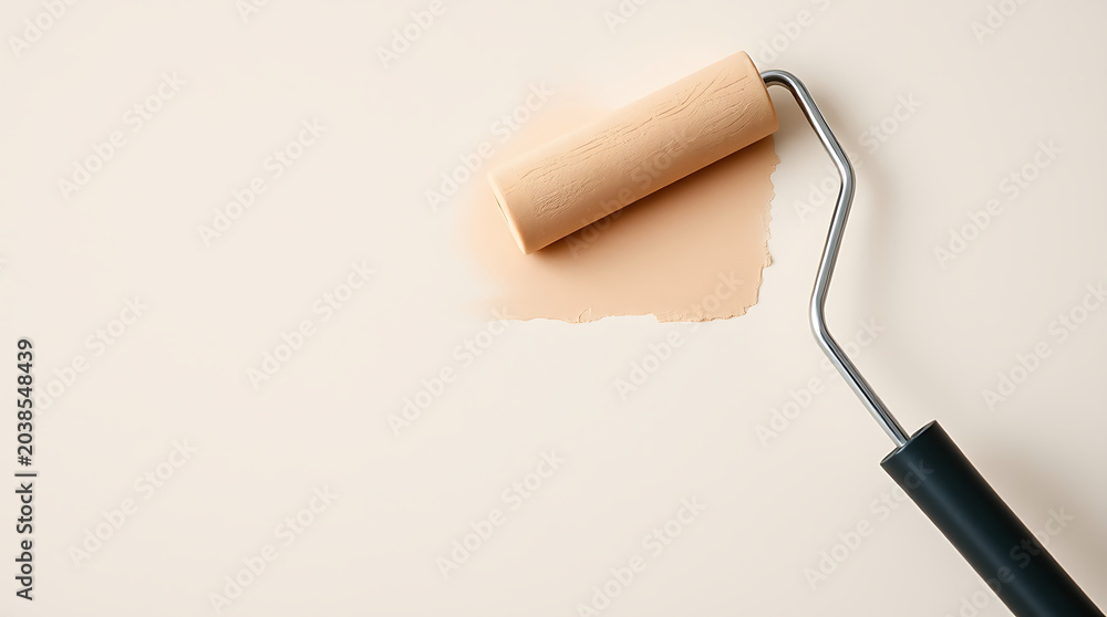 Obraz premium Paint Roller Leaving Stroke Of Beige Color On Wall Renovation Minimalist Concept Copy Space Background