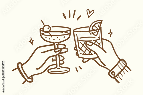 Cheers or drinking toast drawing. glass of red wine. Birthday party or bachelorette celebration with friends. Wine, champagne, prosecco, sangria cocktail vector cartoon illustration