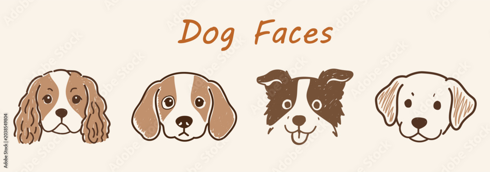 Obraz premium Cute Dog Faces Doodle Vector Set with Adorable Puppy Characters, Hand Drawn Pet Portrait Collection for Kids Design and Animal Lovers