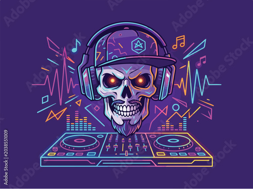 Vibrant Neon DJ Skull Wearing Headphones and Baseball Cap with Turntable.