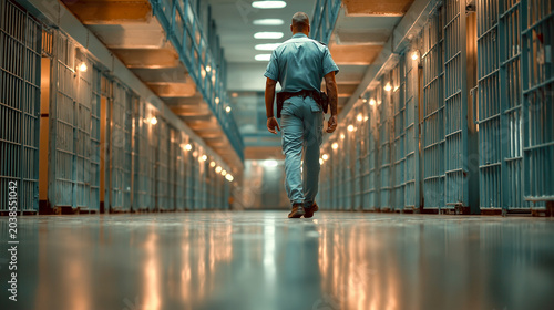 prison guard walking down cell corridor