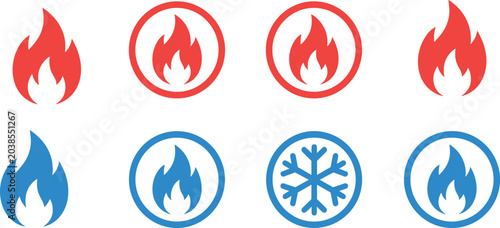 Tableau sur toile Hot and cold element icon set featuring red fire flames blue flames and a winter