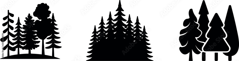 Fototapeta premium Forest trees silhouette vector icons set showing black pine spruce fir and deciduous woodlands isolated on white background for nature designs