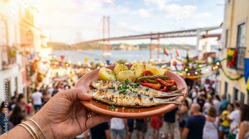 Mão a Segurar Prato com Sardinhas Assadas, Batatas Cozidas e Pimentos Assados, com a Ponte 25 de Abril e o Rio Tejo em Lisboa. Santo António