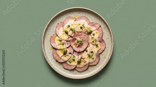 Overhead view of Vitello Tonnato with copy space on sage green background