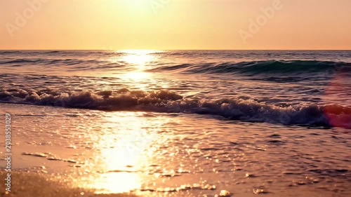 Ocean wave crashing on sandy shore at sunset creating a scenic landscape