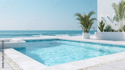 Luxurious modern swimming pool overlooks vast blue ocean expanse on a sunny day