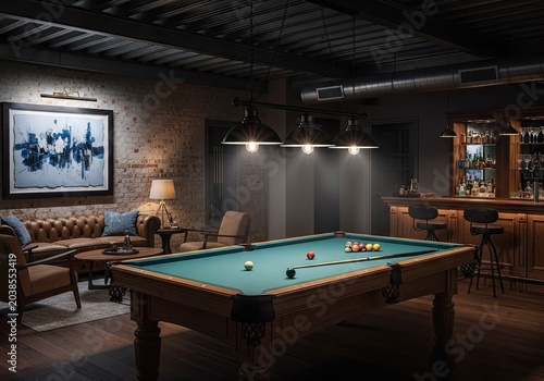 Elegant interior of a billiards room with pool table and bar area