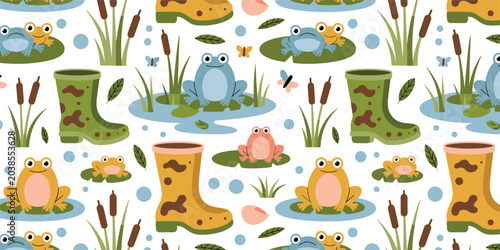 Quadro su tela Cute pond life seamless pattern vector background with cartoon frogs rubber boot