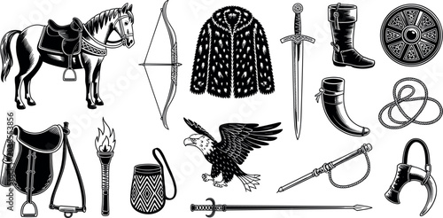 Foto Medieval warrior equipment and nomadic culture vector set with horse bow sword s
