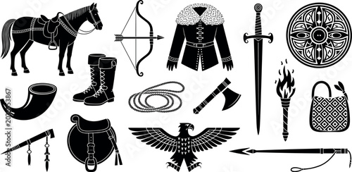 Canvas-taulu Medieval warrior equipment and nomadic culture vector set with horse bow sword s