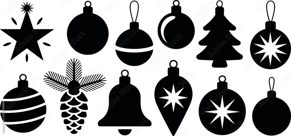 Obraz premium Christmas tree ornaments and holiday decorations black silhouette vector set with star bell baubles and pinecone isolated on white background