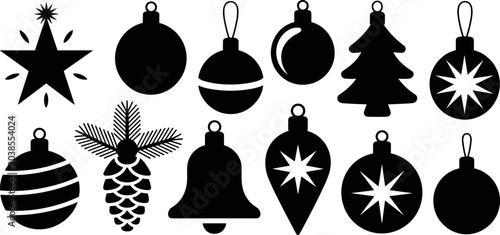 Schilderij op canvas Christmas tree ornaments and holiday decorations black silhouette vector set wit