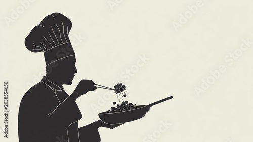 Silhouette of culinary professional carefully examining food preparation with cooking implements
